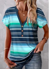 Striped Button Peacock Blue V Neck T Shirt