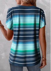 Striped Button Peacock Blue V Neck T Shirt