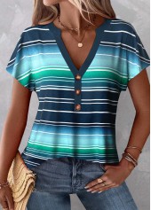 Striped Button Peacock Blue V Neck T Shirt