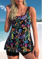 Floral Print Scoop Neck Black Tankini Set