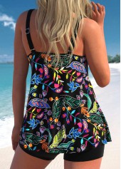 Floral Print Scoop Neck Black Tankini Set