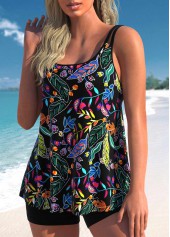 Floral Print Scoop Neck Black Tankini Set