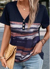 Striped Button Navy V Neck T Shirt
