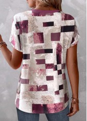 Geometric Print Button Multi Color T Shirt