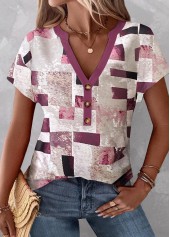 Geometric Print Button Multi Color T Shirt