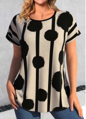 Round Neck Geometric Print Dark Camel T Shirt