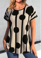 Round Neck Geometric Print Dark Camel T Shirt