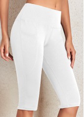 White Elastic Waist Mid Waisted Knee Length Leggings