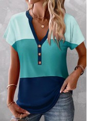 Button Blue Short Sleeve V Neck Blouse
