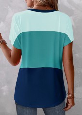 Button Blue Short Sleeve V Neck Blouse