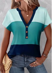 Button Blue Short Sleeve V Neck Blouse