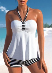 High Waisted White Plus Size Striped Tankini Set