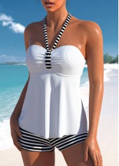 High Waisted White Plus Size Striped Tankini Set