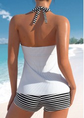 High Waisted White Plus Size Striped Tankini Set