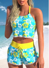 High Waisted Floral Print Tassel Cyan Bikini Set
