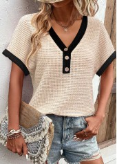 Button V Neck Short Sleeve Beige T Shirt