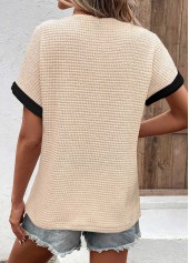 Button V Neck Short Sleeve Beige T Shirt
