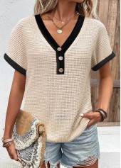 Button V Neck Short Sleeve Beige T Shirt