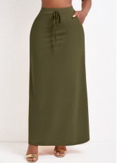 Pocket Olive Green A Line Drawastring Maxi Skirt