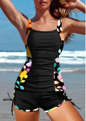 Mid Waisted Floral Print Patchwork Black Tankini Set