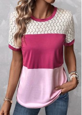 Patchwork Round Neck Short Sleeve Pink T Shirt