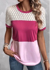 Patchwork Round Neck Short Sleeve Pink T Shirt
