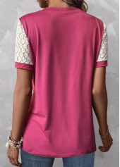 Patchwork Round Neck Short Sleeve Pink T Shirt