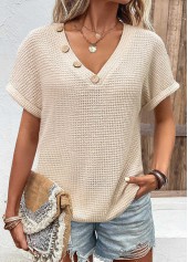 Button Beige Short Sleeve V Neck Blouse