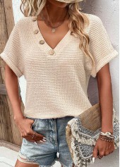 Button Beige Short Sleeve V Neck Blouse