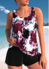 Mid Waisted Floral Print Bowknot Black Tankini Set