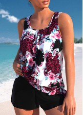 Mid Waisted Floral Print Bowknot Black Tankini Set