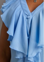 V Neck Button Light Blue Short Sleeve Blouse