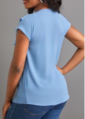 V Neck Button Light Blue Short Sleeve Blouse