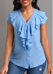 V Neck Button Light Blue Short Sleeve Blouse