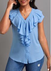 V Neck Button Light Blue Short Sleeve Blouse