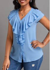 V Neck Button Light Blue Short Sleeve Blouse
