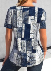 Geometric Print Lace Up Navy Short Sleeve Blouse