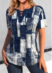Geometric Print Lace Up Navy Short Sleeve Blouse