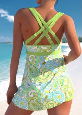 Mid Waisted Paisley Print Drawstring Light Green Swimdress Set