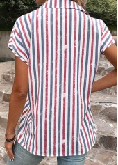 Striped Button Multi Color Shirt Collar Blouse