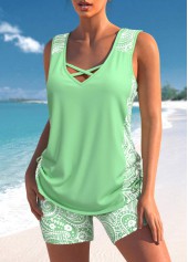 Mid Waisted Paisley Print Drawstring Tankini Set