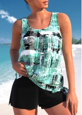 Mid Waisted Geometric Print Bowknot Tankini Set