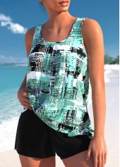 Mid Waisted Geometric Print Bowknot Tankini Set