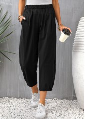 Pocket Elastic Waist Black High Waisted Pants