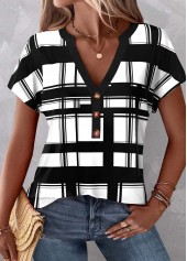 Plaid Button Black Split Neck T Shirt
