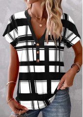 Plaid Button Black Split Neck T Shirt