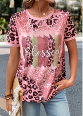 Leopard Patchwork Pink Round Neck T Shirt