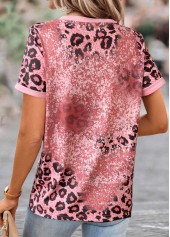 Leopard Patchwork Pink Round Neck T Shirt