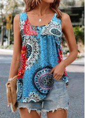 Tribal Print Ruched Blue Scoop Neck Tank Top