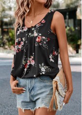 Floral Print Ruched Black Scoop Neck Tank Top